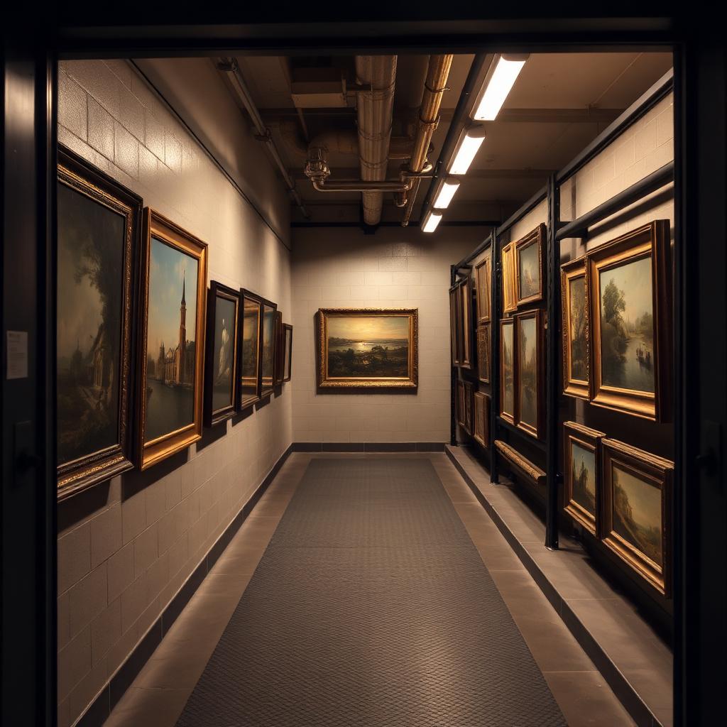 Climate-controlled fine art storage vault with paintings on racks Climate-controlled fine art storage vault with paintings on racks