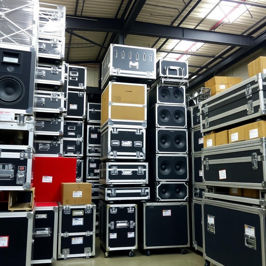 AV rental warehouse stacked with labeled road cases and gear AV rental warehouse stacked with labeled road cases and gear