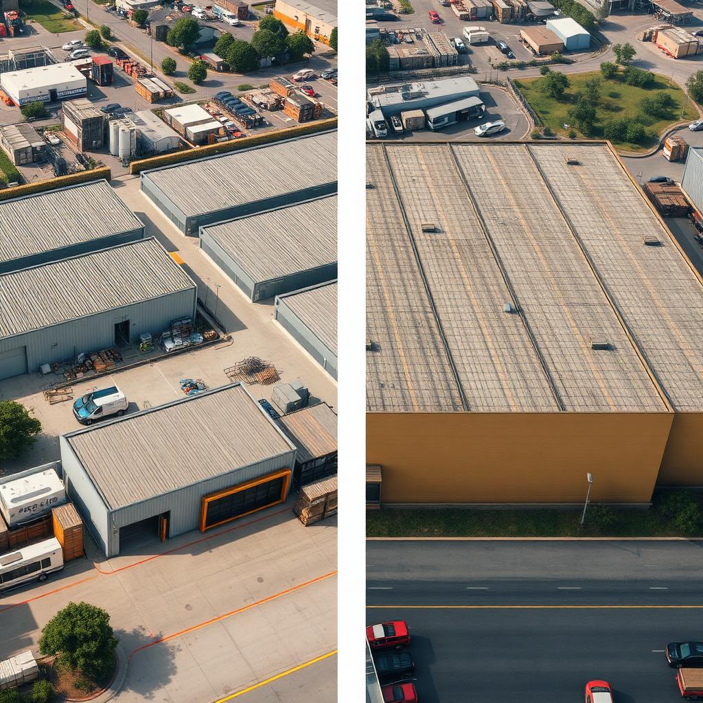 Aerial comparison of a boutique warehouse and a large enterprise distribution center Aerial comparison of a boutique warehouse and a large enterprise distribution center
