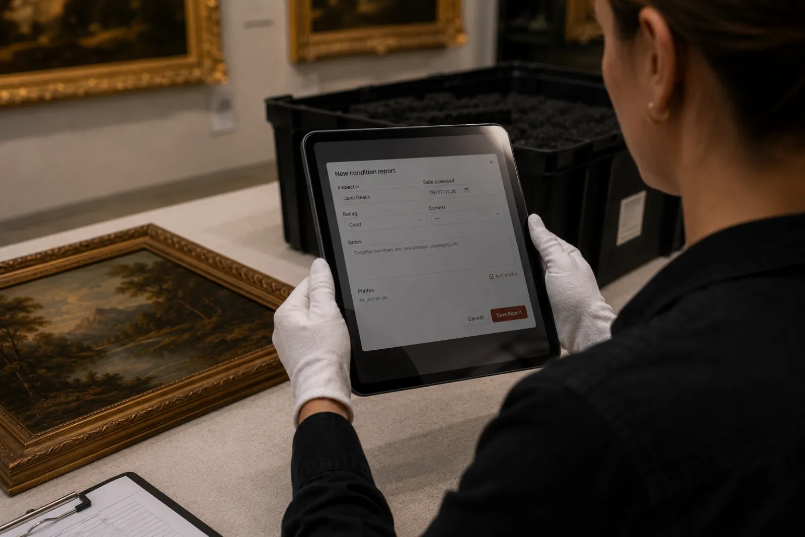 Art handler in white cotton gloves filling out a Stowley digital condition report on a tablet next to a framed landscape painting in a gallery. Art handler in white cotton gloves filling out a Stowley digital condition report on a tablet next to a framed landscape painting in a gallery.