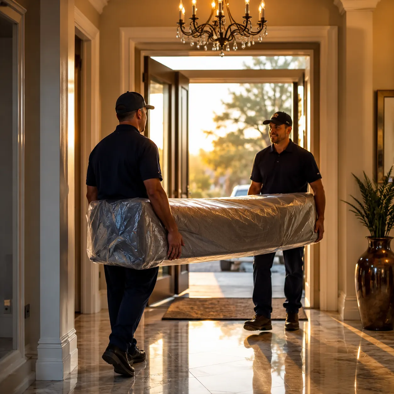 Two-person white-glove crew carrying a wrapped sofa into a luxury home at sunset