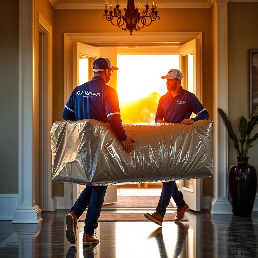 Two-person white-glove crew carrying a wrapped sofa into a luxury home at sunset Two-person white-glove crew carrying a wrapped sofa into a luxury home at sunset