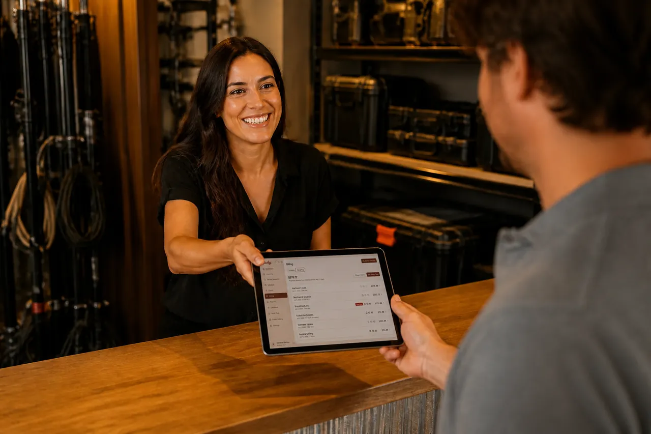Rental-house manager showing a billing contract on a tablet to a client across the counter