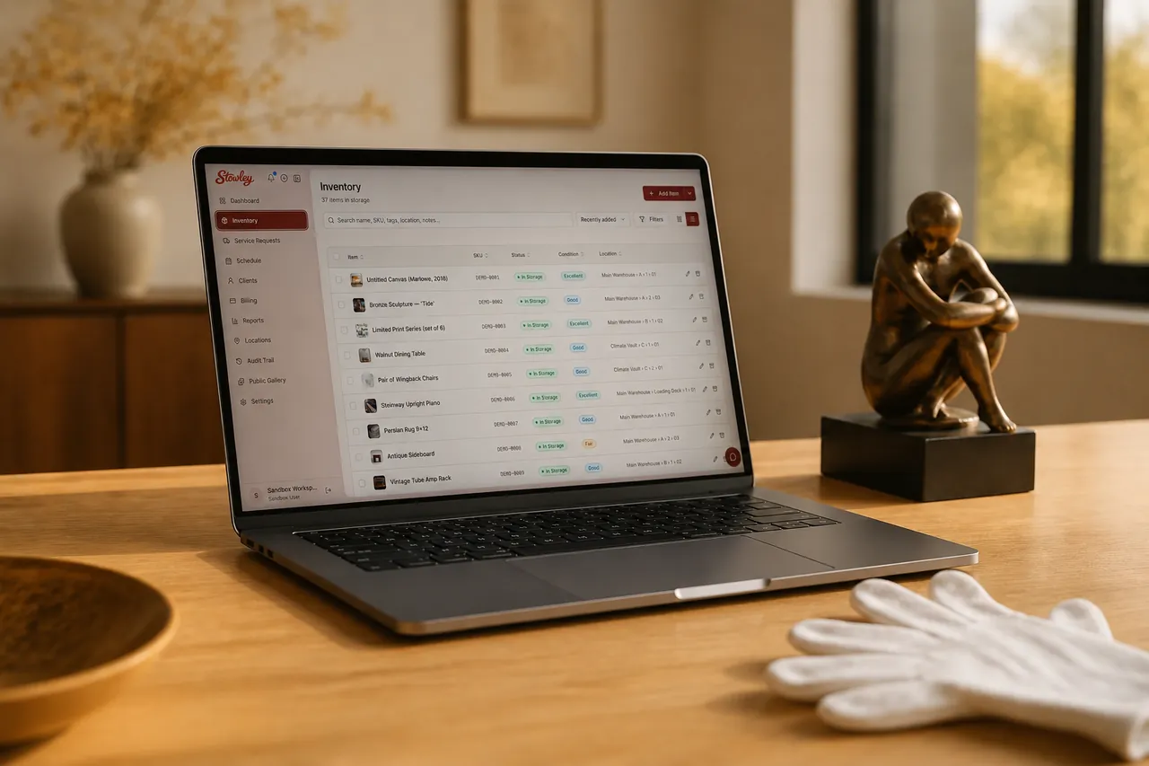 Laptop showing the Stowley inventory list beside a bronze sculpture and white art-handling gloves