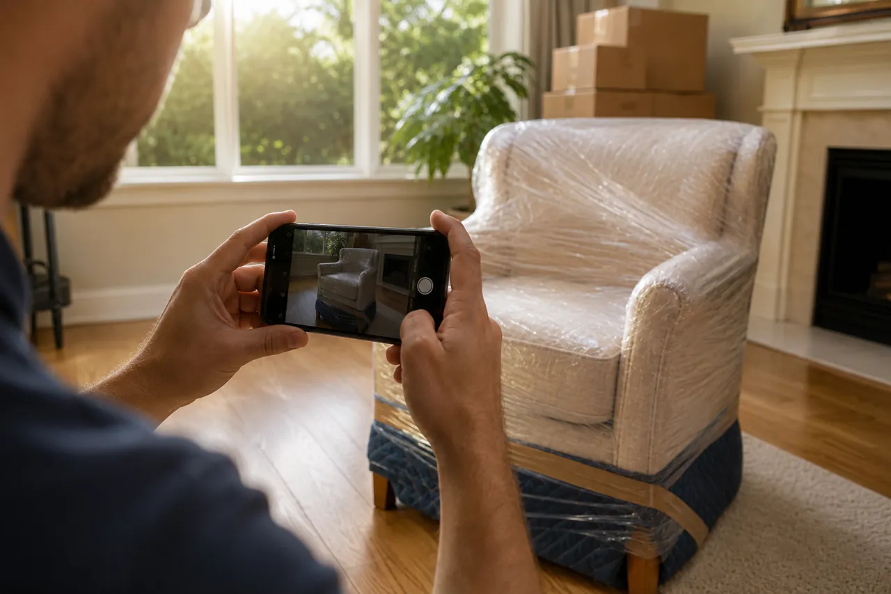 Mover photographing a wrapped armchair with a phone during intake