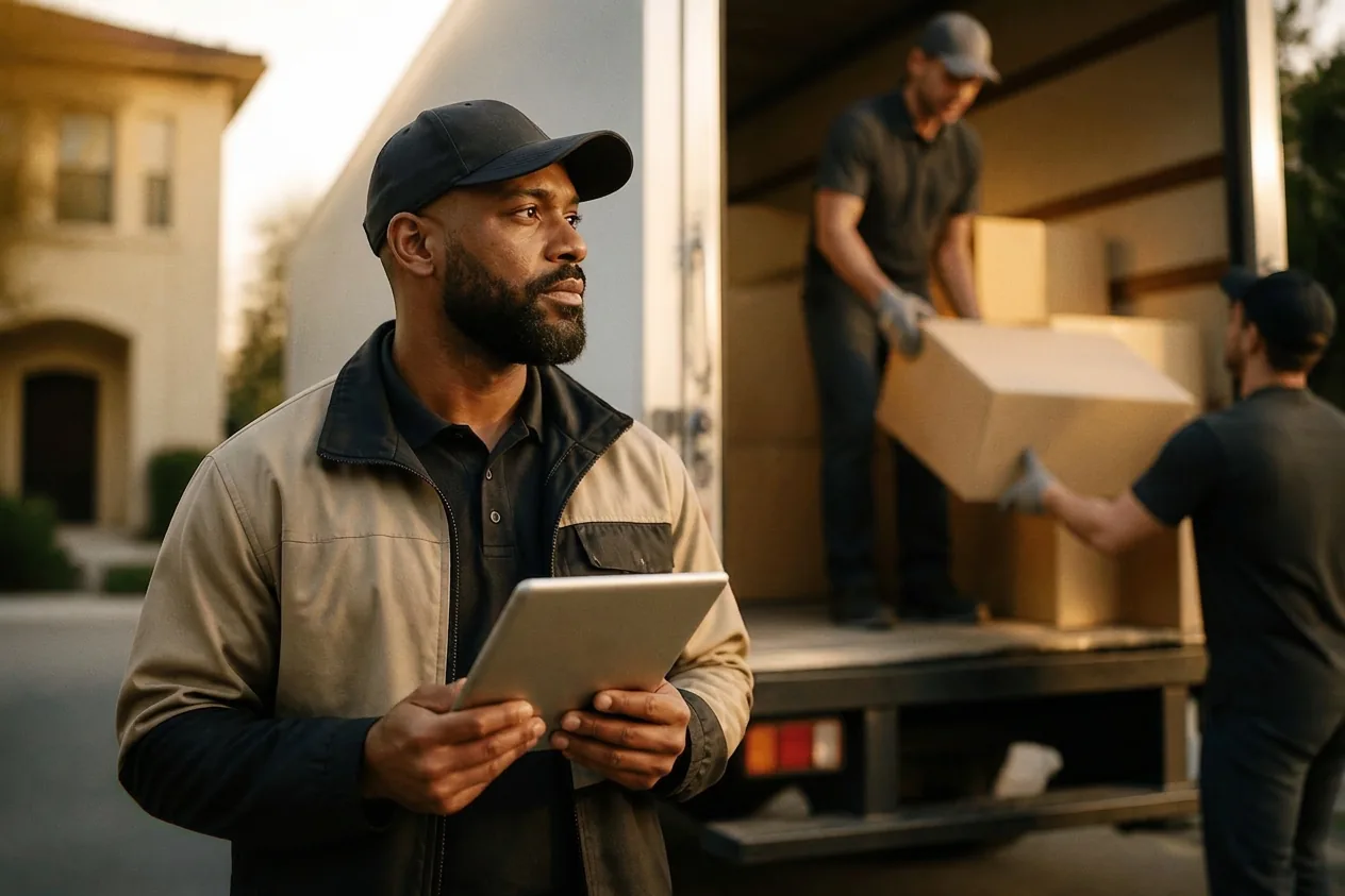 Crew lead beside a moving truck checking the day's schedule on a tablet
