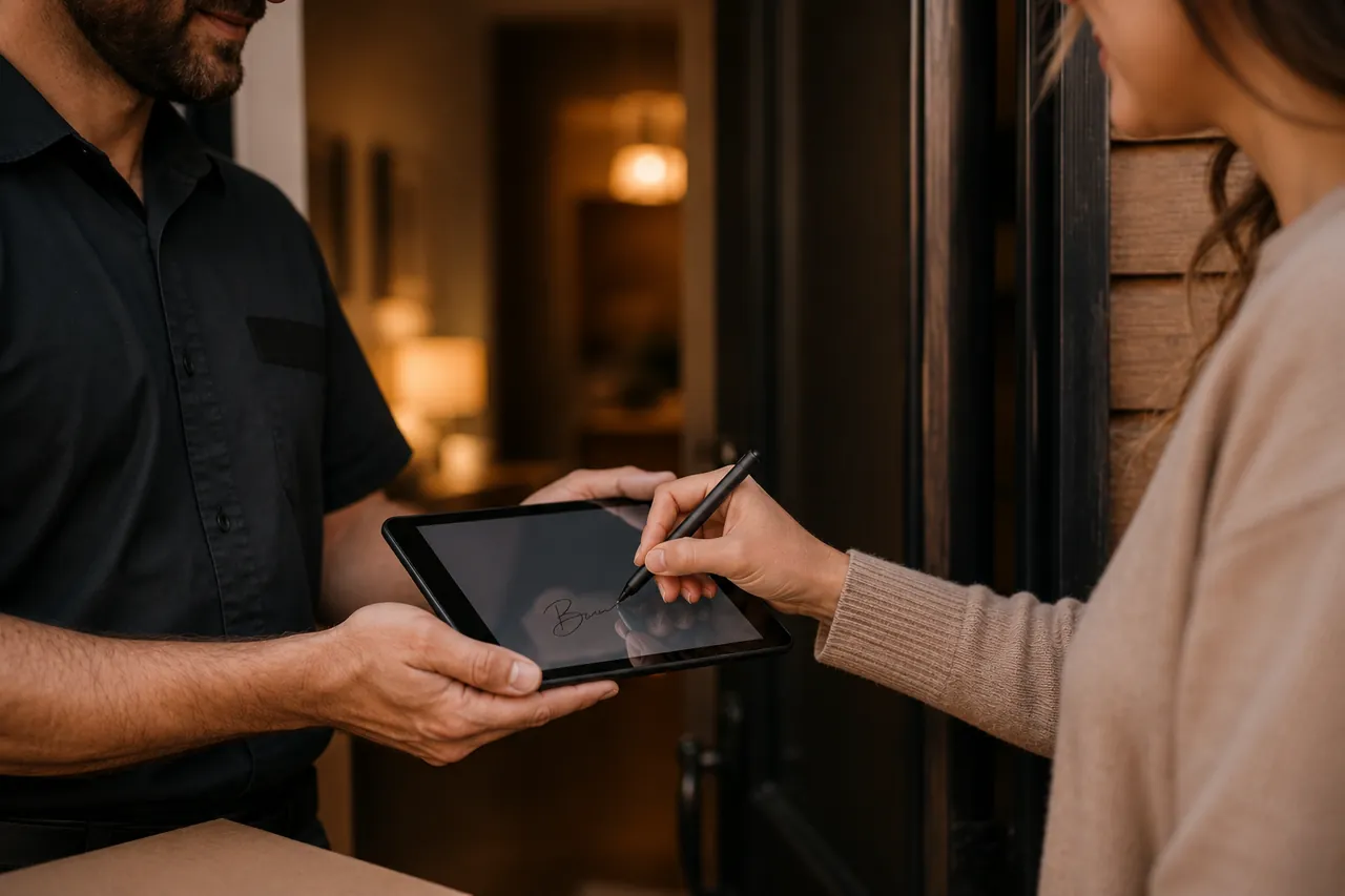 Customer signing on a tablet handed across by a uniformed mover