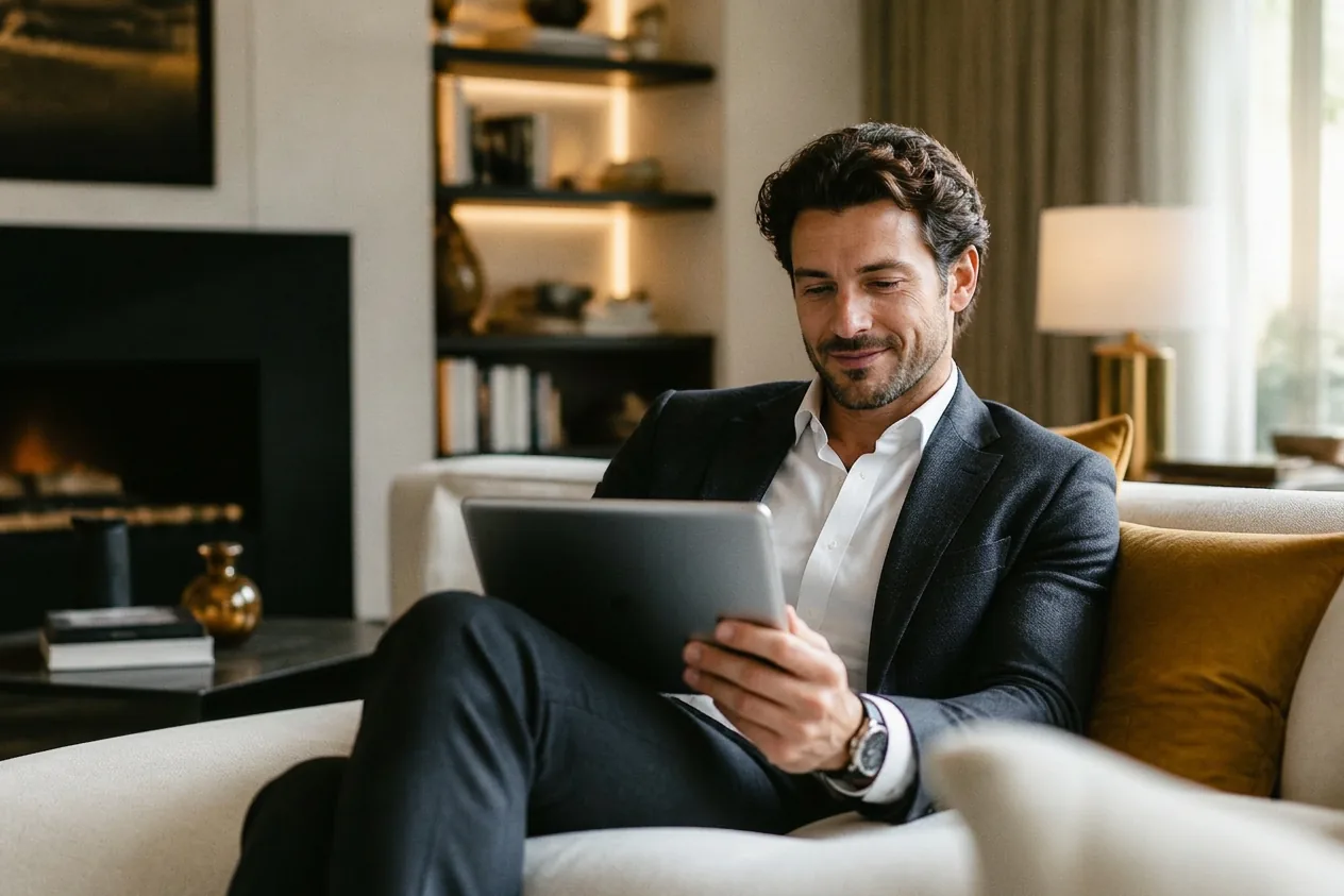 Well-dressed client relaxing in a high-end home with a branded portal on a tablet