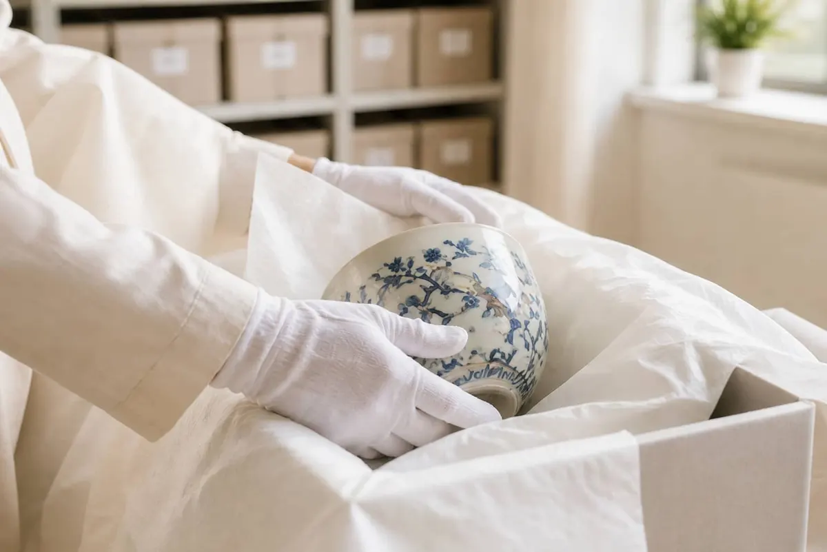 Two white-glove movers carefully carrying a wrapped painting