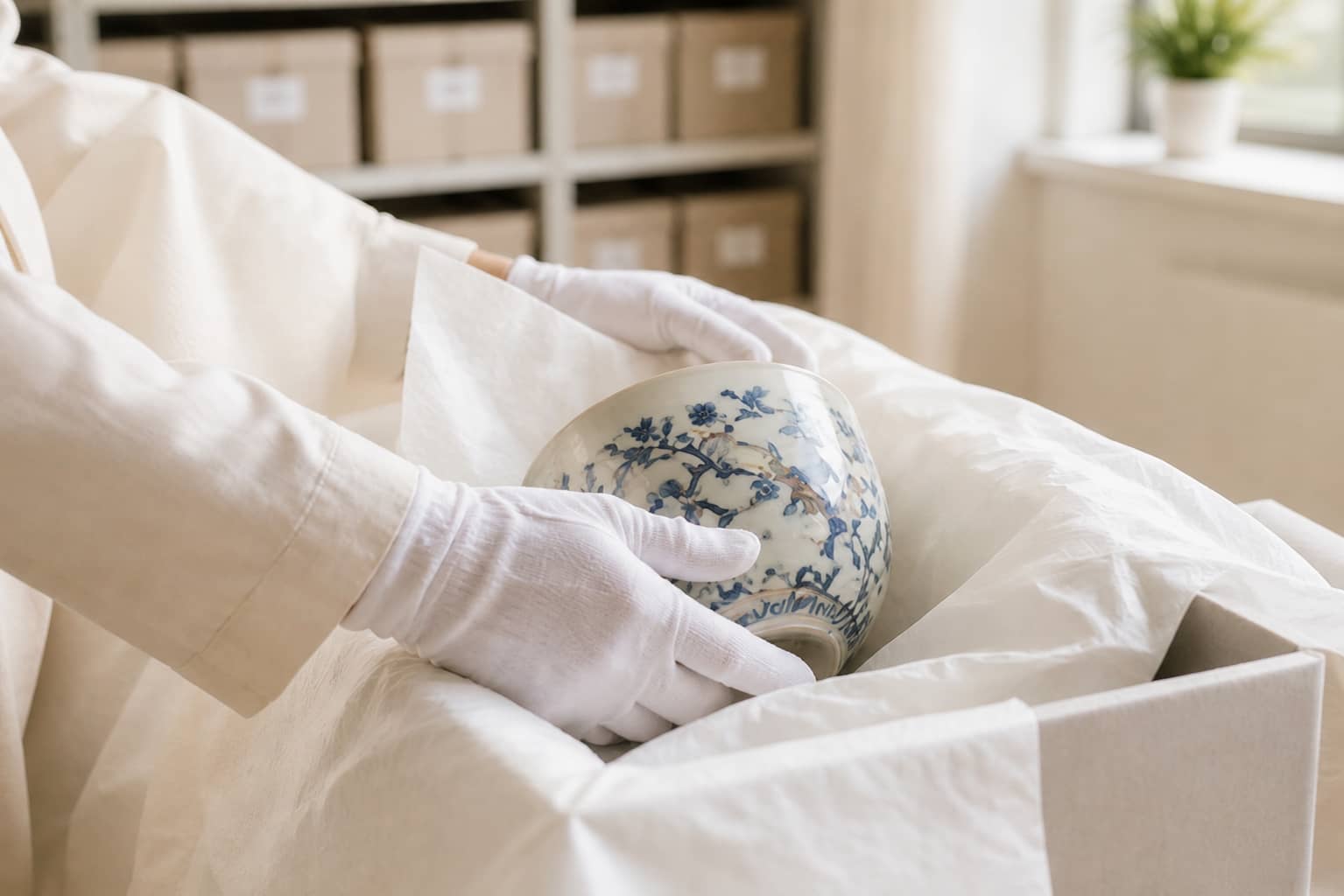Two white-glove movers carefully carrying a wrapped painting