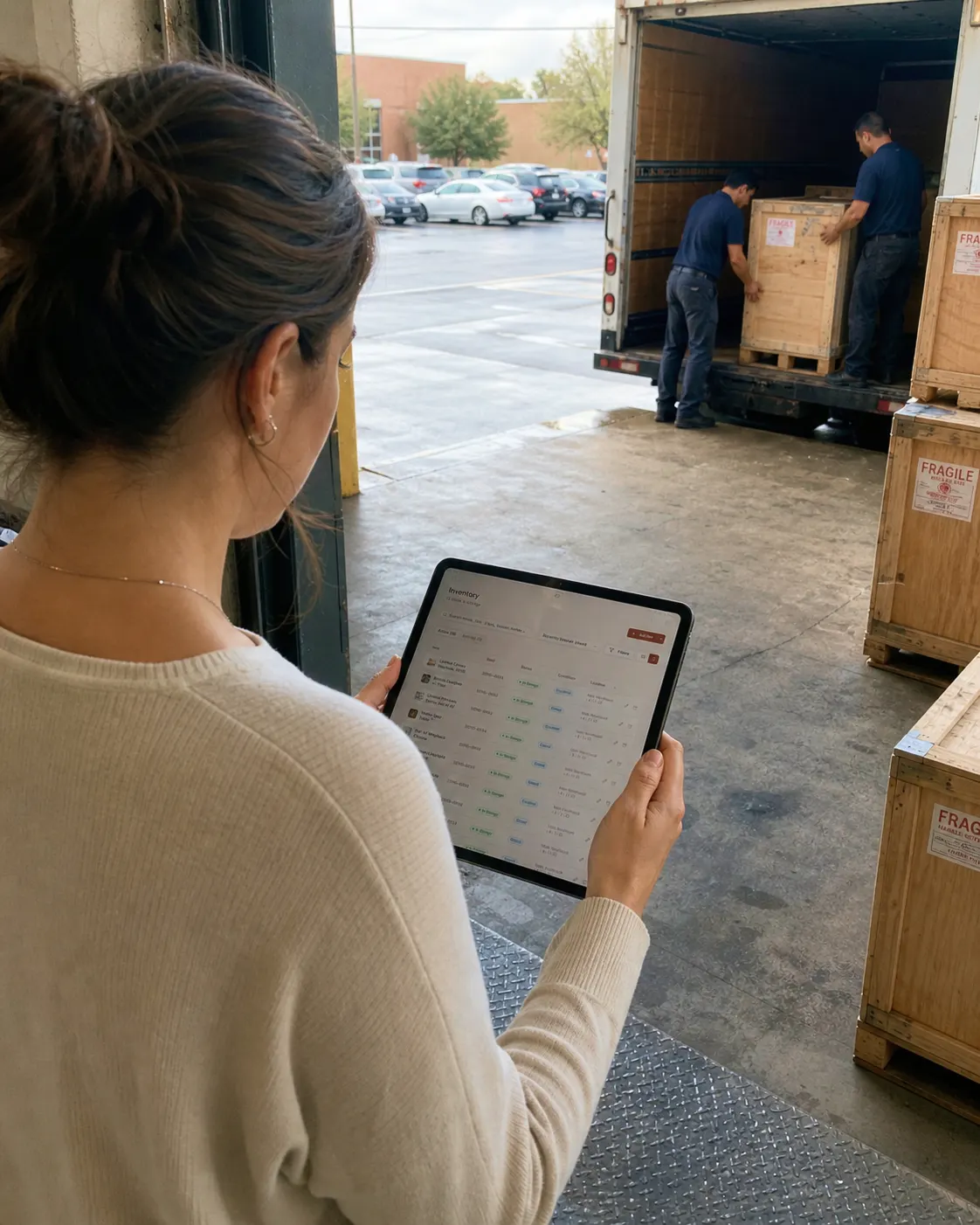 A warehouse operations manager at a desk with dual monitors overlooking a storage facility