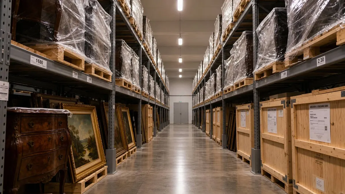 A clean, organized fine-art and white-glove storage warehouse interior